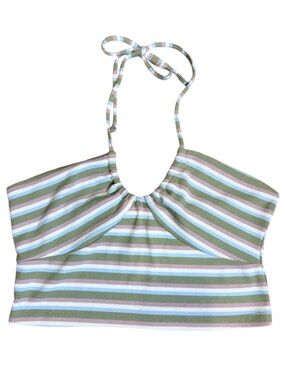 Aeropostale Medium Striped Halter Crop Top - Olive, Light Blue, White